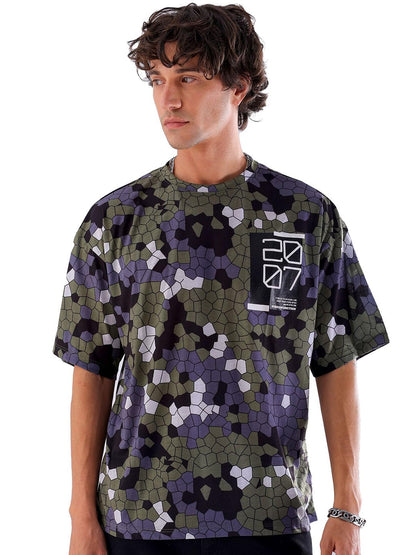 The Indian Garage Co Men Oversized Abstract Printed Round Neck Tshirt Olive
