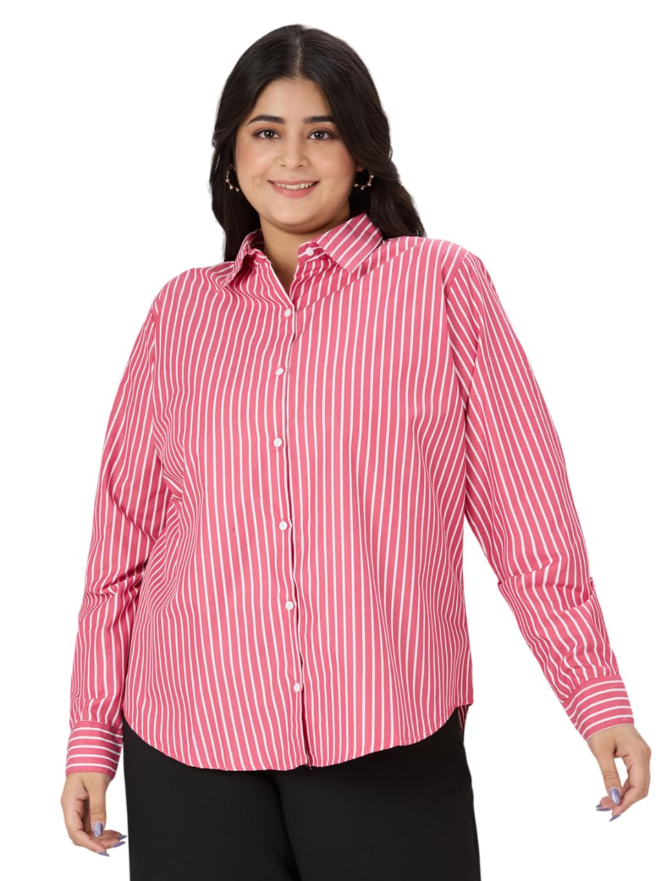 Style Quotient Plus Women Red and White Stripe Polycotton Formal Shirt