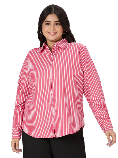 Style Quotient Plus Women Red and White Stripe Polycotton Formal Shirt