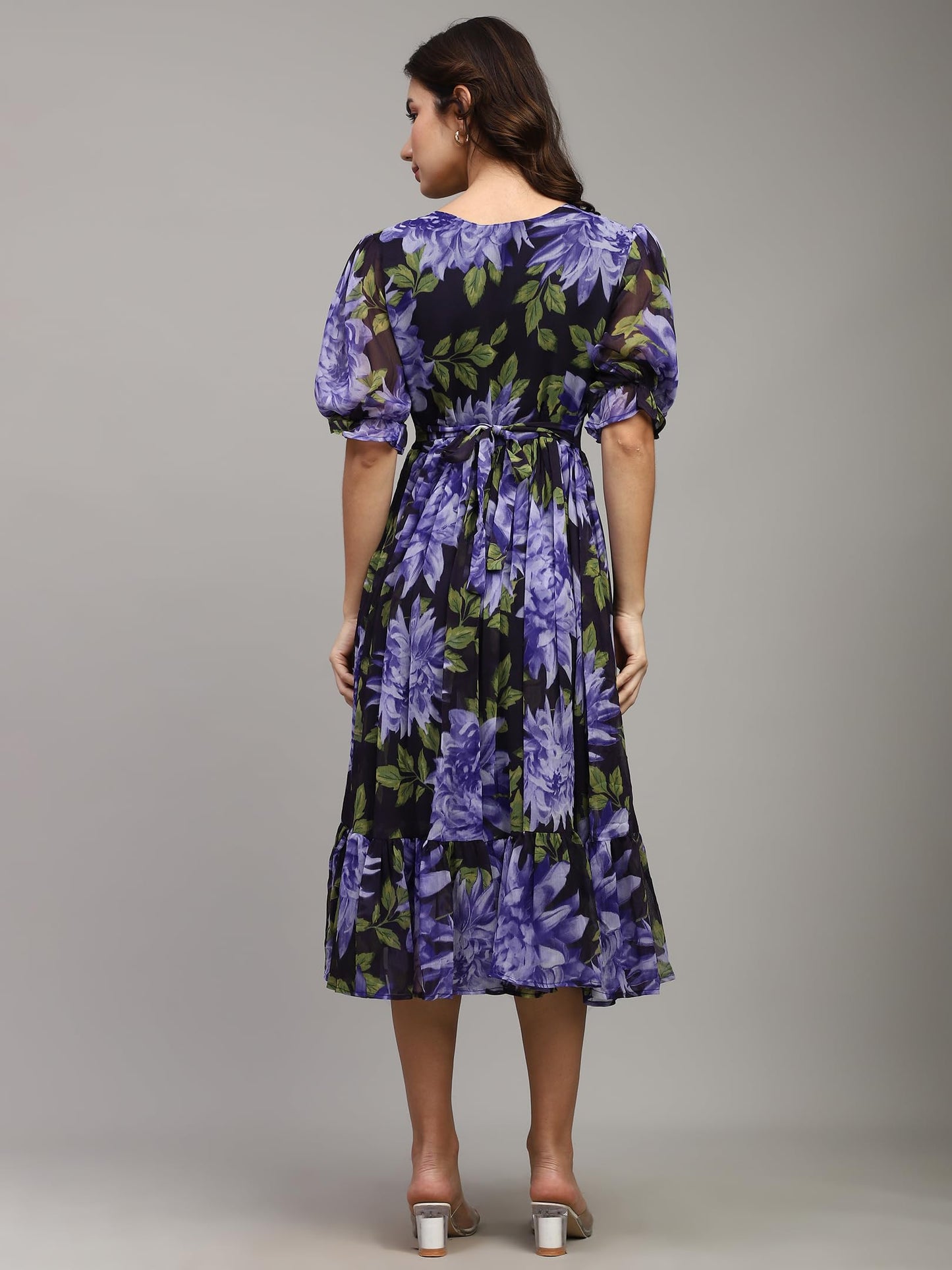 Shasmi Girls & Womens Chiffon Printed Midi Dress, Square Neck, Puff Sleeves, Navy Blue Floral Pattern, A-Line Summer Casual Dr
