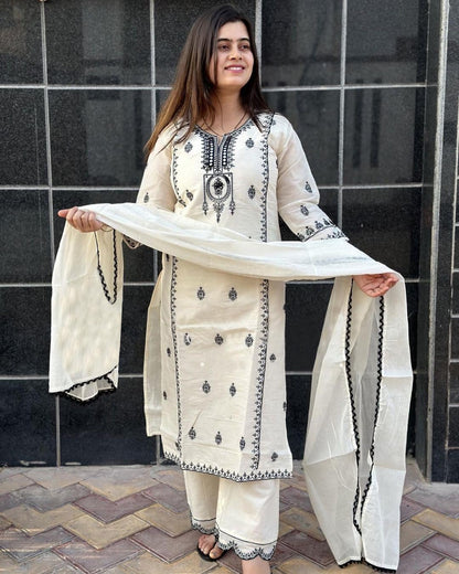 GoSriKi Ladies Straight Kurta with Trousers & Dupatta, Rayon Blend, Size 50, White, Model DEVANAGRI WHITE-GS