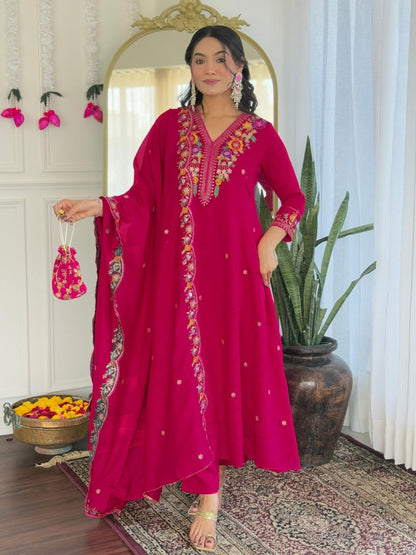 Naixa WomenS Rani Vichitra Silk Embroidered Straight Kurta With Rayon Pant And Vichitra Silk Embroidered Laced Dupatta Sets (Nx