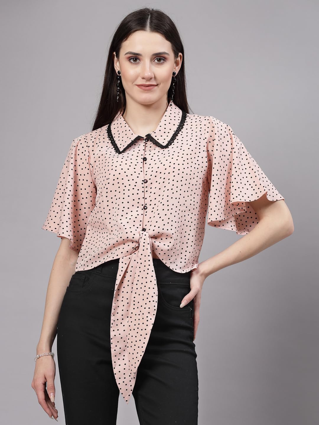 Style Quotient Women Nude and Black Polka Dot Polycrepe Tie Ups Top