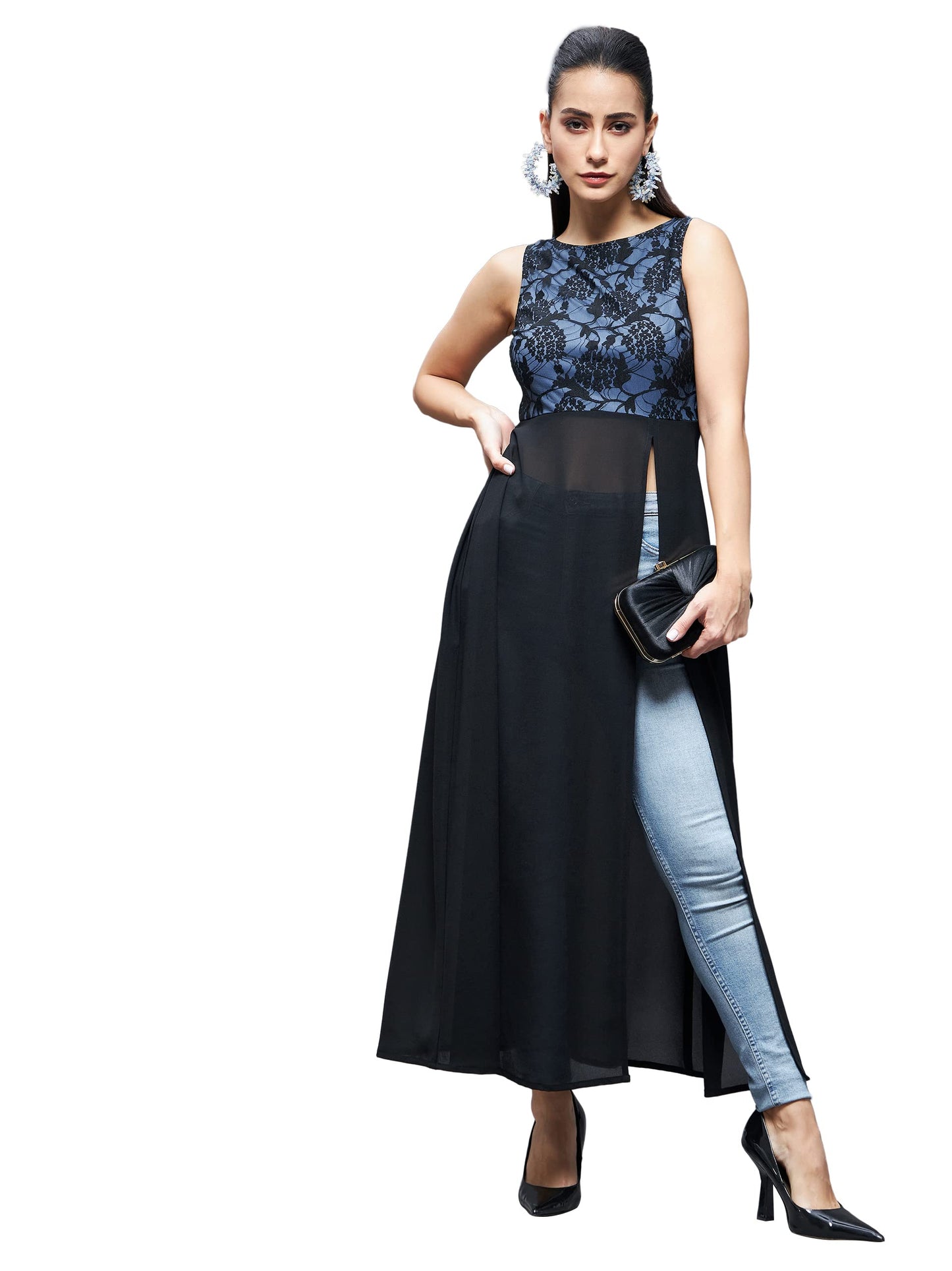 Miss Chase Womens Boat Neck Sleeveless Self Design Lace Overlaid Polyester Maxi Top (MCSS23TP14-24-62-05, Black, L)
