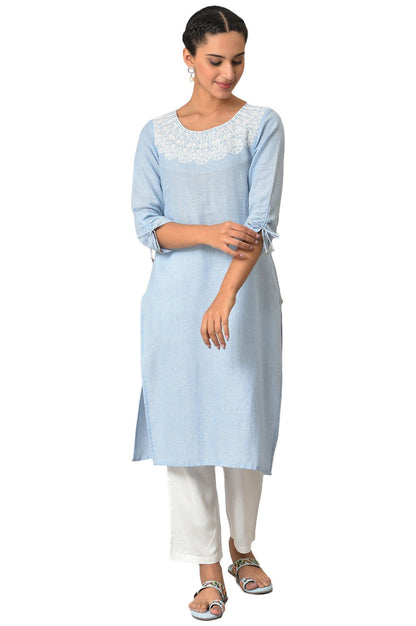 Blue Cotton Round Neck Embroidered Kurta