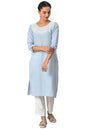 Blue Cotton Round Neck Embroidered Kurta
