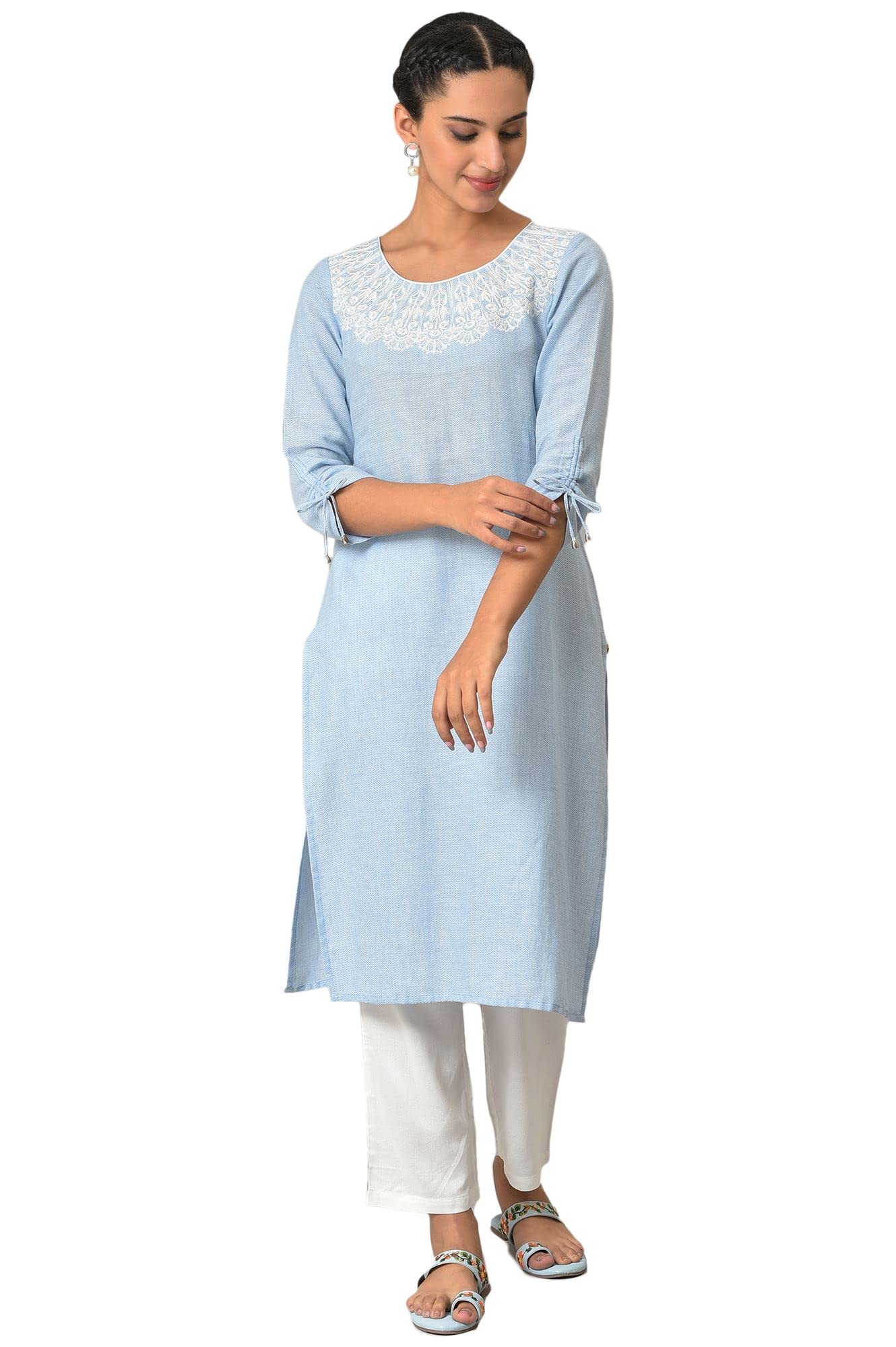 Blue Cotton Round Neck Embroidered Plus Size Kurta