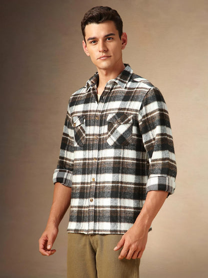 Dennis Lingo Men Flannel Check 100% Cotton Relaxed Fit Full Sleeves Shirts Brown