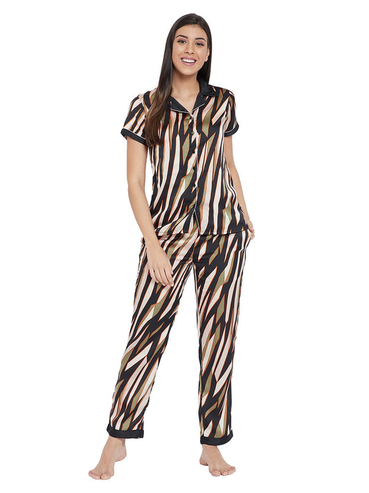 Clovia Womens Satin Sassy Striped Printed Button Down Shirt & Pyjama Set (LS0578P13_Black_XXL)