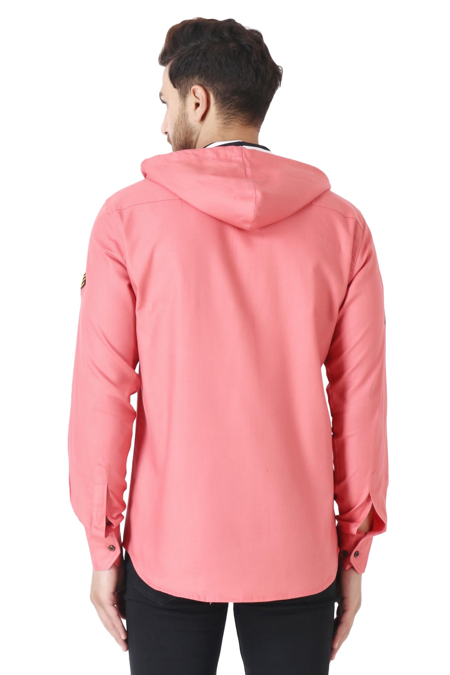 Besix MenS Pink Tailored Fit Cotton Blend Shirt For Man With Hoodie - Casual Long Sleeve Shirt With Pockets - Patch Detail For