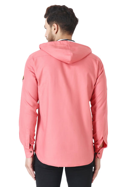 Besix MenS Pink Tailored Fit Cotton Blend Shirt For Man With Hoodie - Casual Long Sleeve Shirt With Pockets - Patch Detail For