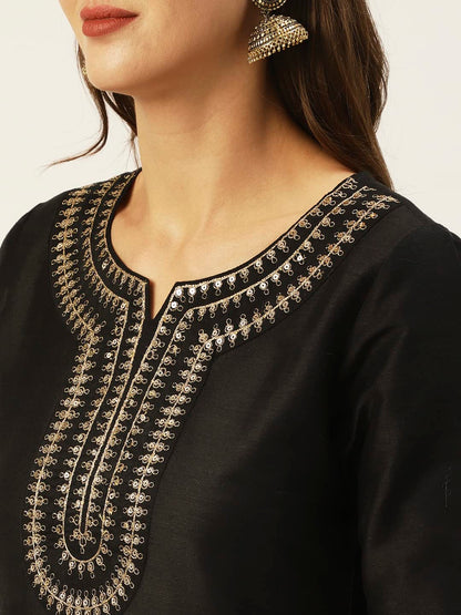 ishin Womens Silk Blend Straight Yoke Design Sequinned Kurta set With Dupatta & Trouser
