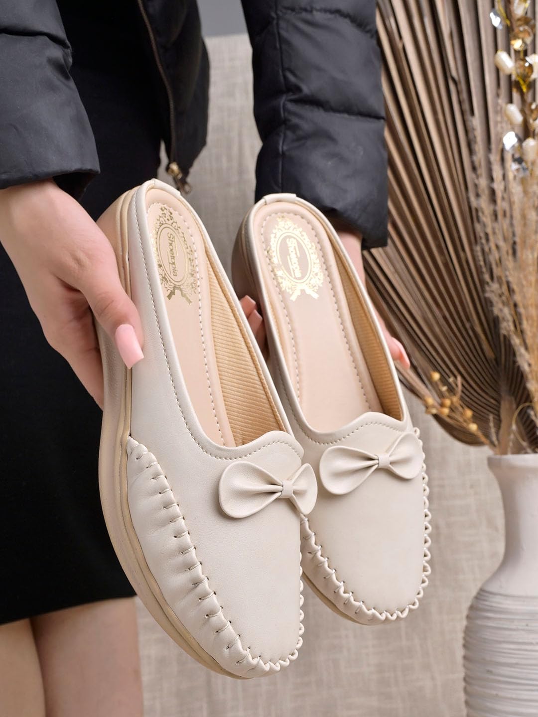 Shoetopia Stylish Comfortable Upper Bow Detailed Cream Slip-On Loafers for Girls-EU36