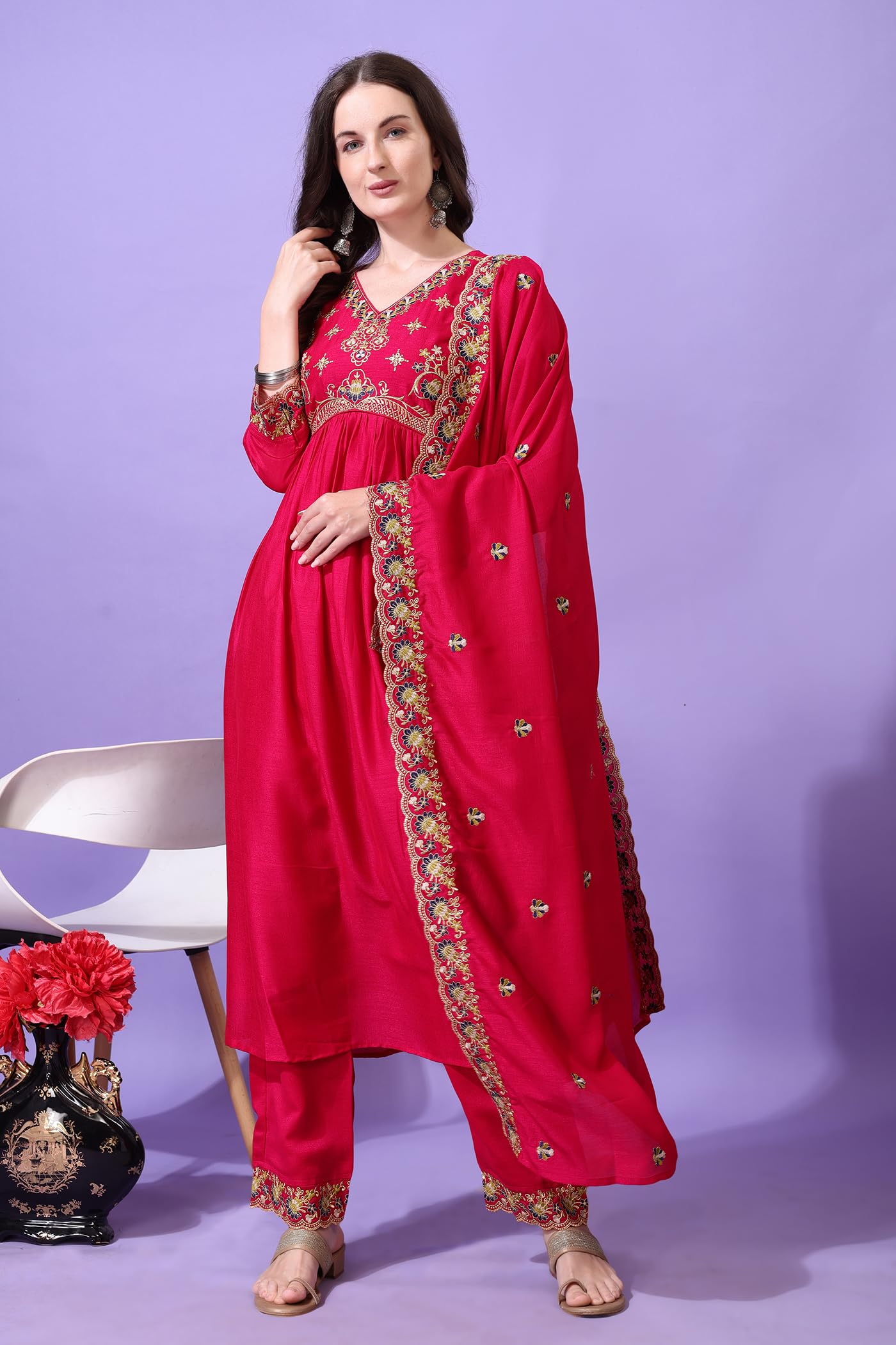 Pratham Blue WomenS Silk Embroidered Anarkali Kurta Palazzos With Dupatta |Kurta Sets For Women |Women Kurta |Women Embroidered