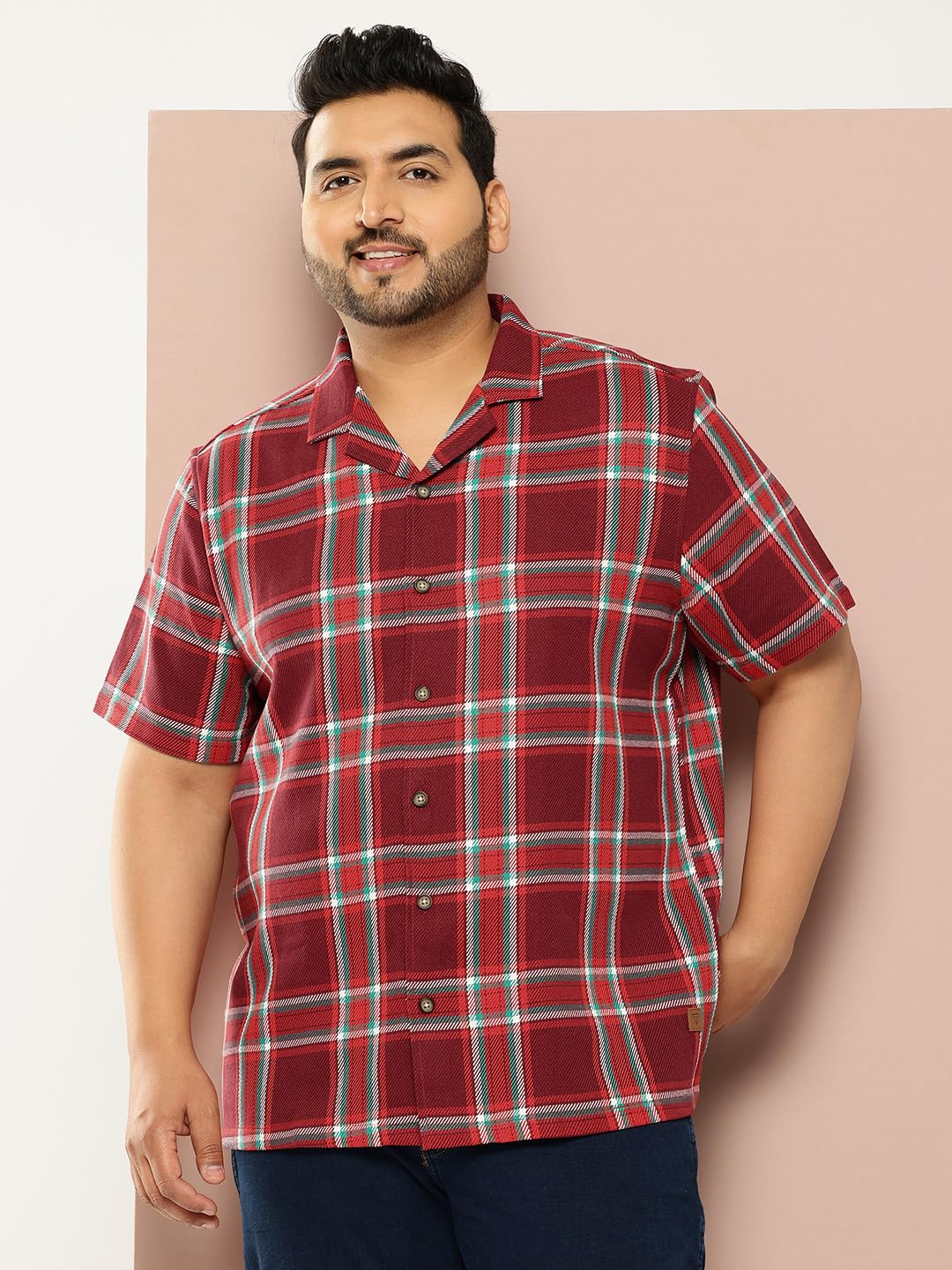 Thomas Scott Men | Short Sleeves | Regular Fit Plus Size | Windowpane Checks | 100% Cotton | Cuban Collar | Casual Shirt(TS1728_