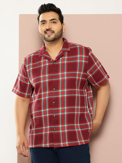 Thomas Scott Men | Short Sleeves | Regular Fit Plus Size | Windowpane Checks | 100% Cotton | Cuban Collar | Casual Shirt(TS1728_