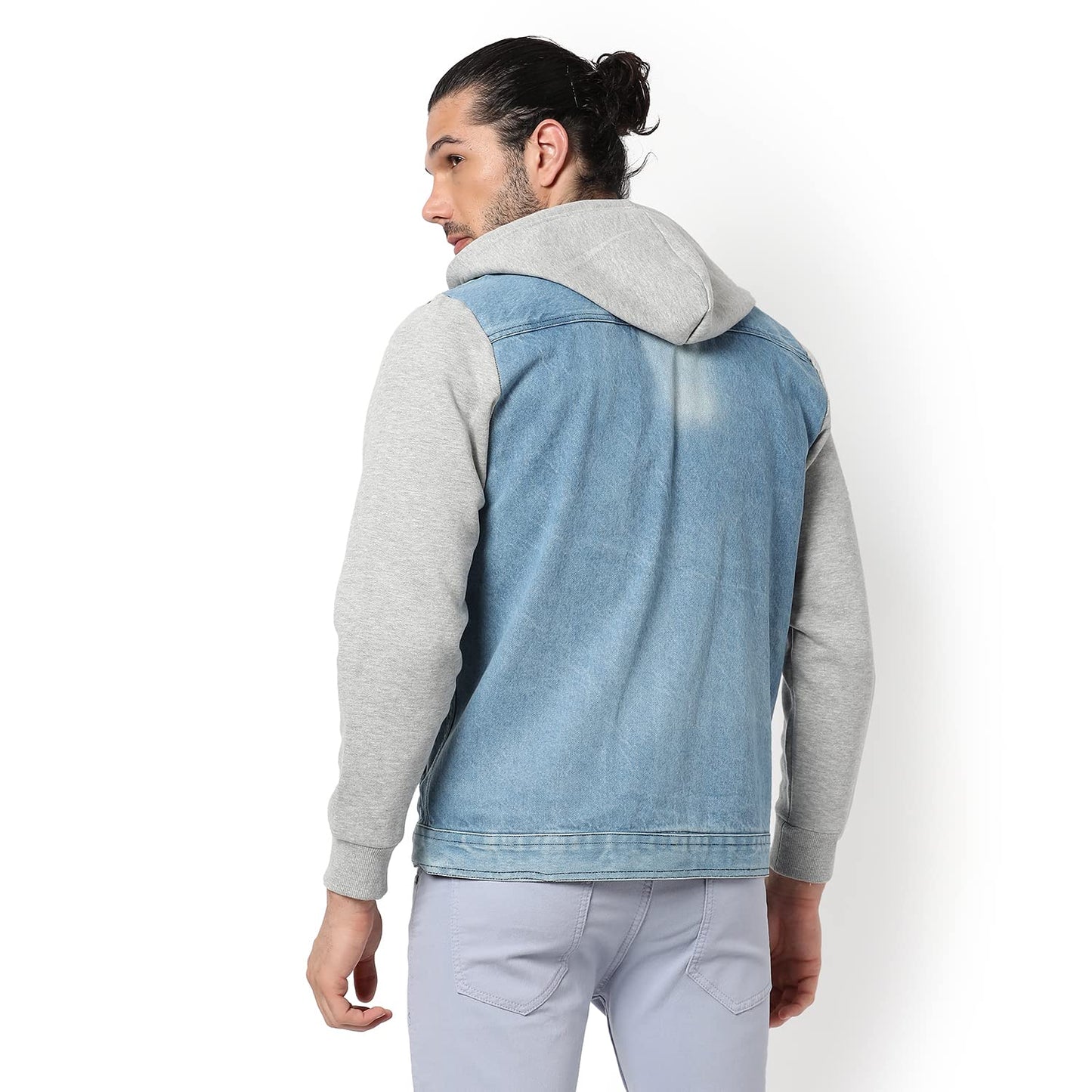 Campus Sutra Mens Light-Washed Blue & Grey Regular Fit Denim Jacket For Winter Wear | Hooded Collar | Full Sleeve | Buttoned |