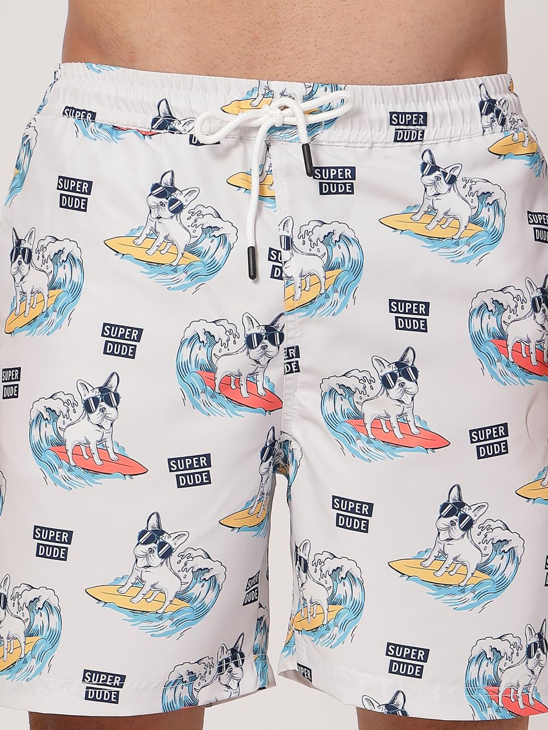 Style Quotient Men Off White and Multi Conversational Print Polyester Regular Swim Shorts