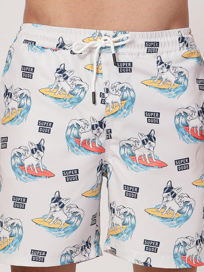 Style Quotient Men Off White and Multi Conversational Print Polyester Regular Swim Shorts