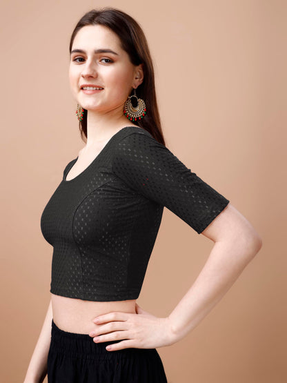 Pujia Mills WomenS Readymade Dobby Cotton Lycra Stretchable Round Neck Half Sleeve Blouse Fancy Black Color Lycra Stretchable B