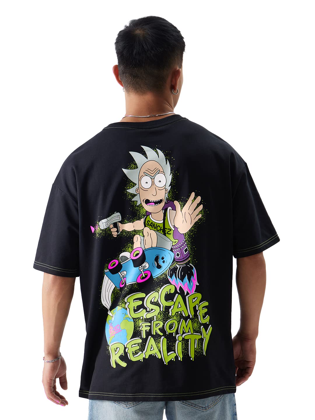 The Souled Store Official Rick & Morty: Escape from Reality Men and Boys Oversized fit Graphic Printed Half Sleeve Cotton Black