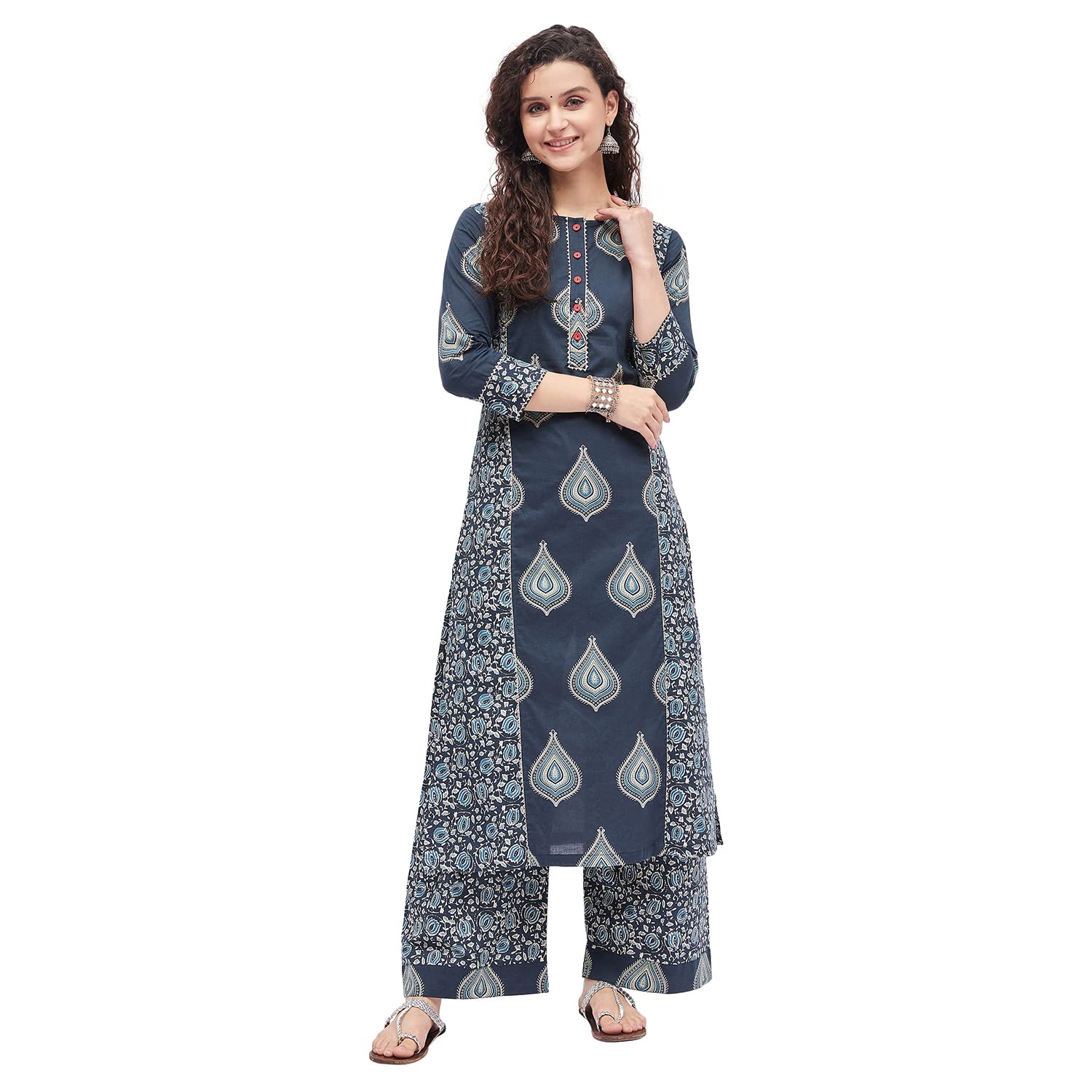 Tissu Women's Cotton Blue & Sea Green Printed Kurta with Palazzo