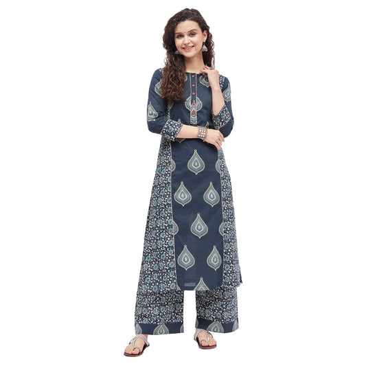 Tissu Women's Cotton Blue & Sea Green Printed Kurta with Palazzo