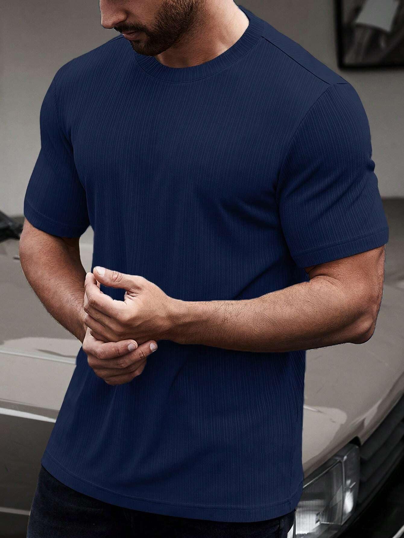 SMOWKLY Mens Solid Regular Fit T-Shirt (1283_Navy Blue