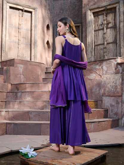 Stylum Womens Solid & Embrpodered Rayon Short Kurti Sharara Dupatta Set