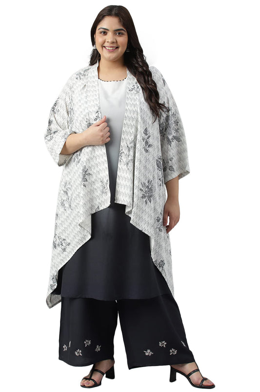 W for Woman Plus Size White and Deep Blue Ombre Kurta with Printed Gilet and Parallel Pants