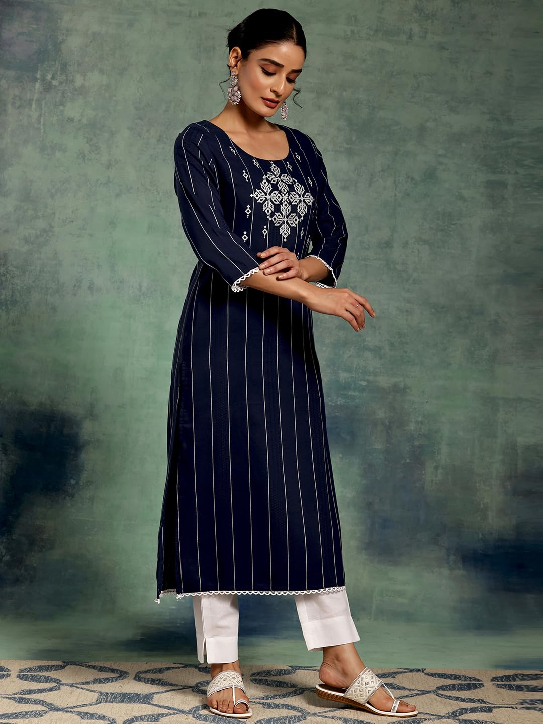 Libas WomenS Silk Embroidered Straight Kurta (37094_Blue