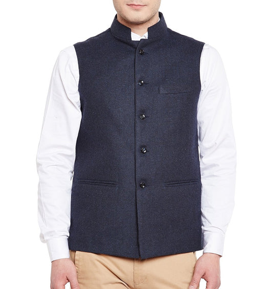 Wintage MenS Wool Blend Grandad Nehru Jacket Vest Waistcoat: Navy