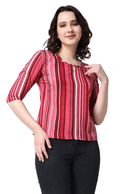 POPWINGS Casual Printed Puff Sleeves Round Neck Top for Women || Stylish Latest Summer Tops for Women || Hip-Length Women Top Pi
