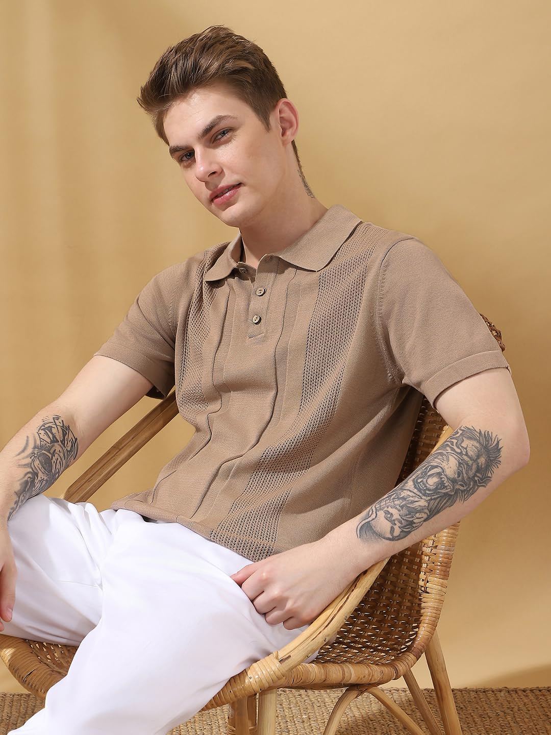 Dennis Lingo Regular Fit Beige Half Sleeves Cotton T-Shirts For Mens