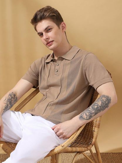 Dennis Lingo Regular Fit Beige Half Sleeves Cotton T-Shirts For Mens
