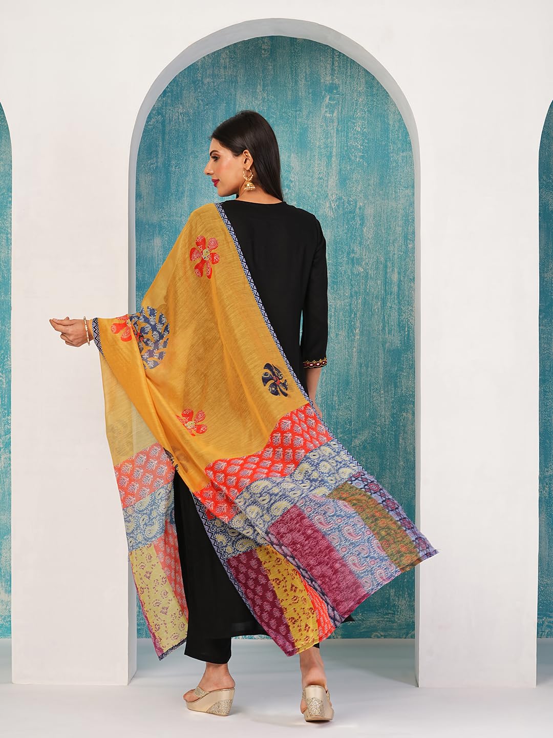 Gosriki WomenS Cotton Blend Embroidered Straight Kurta With Pant & Dupatta (Fronx Black-Nw-Gs_L_Black_Large)