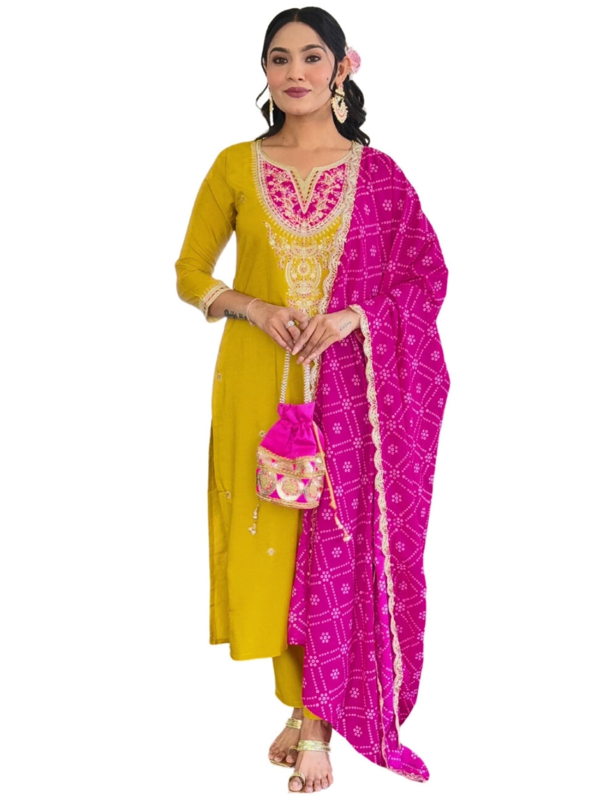 Naixa WomenS Mustard Bsy Viscose Embroidered Straight Kurta With Bsy Viscose Pant And Silk Blend Embroidered Laced Dupatta Sets