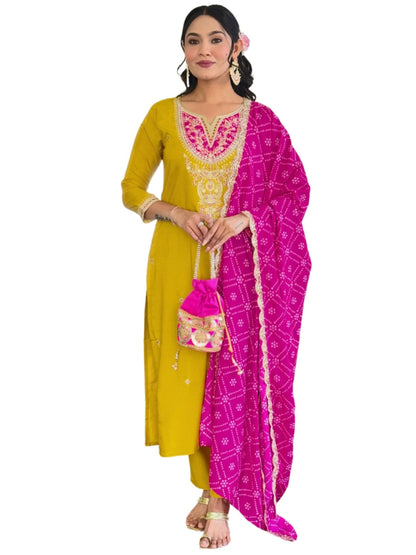 Naixa WomenS Mustard Bsy Viscose Embroidered Straight Kurta With Bsy Viscose Pant And Silk Blend Embroidered Laced Dupatta Sets