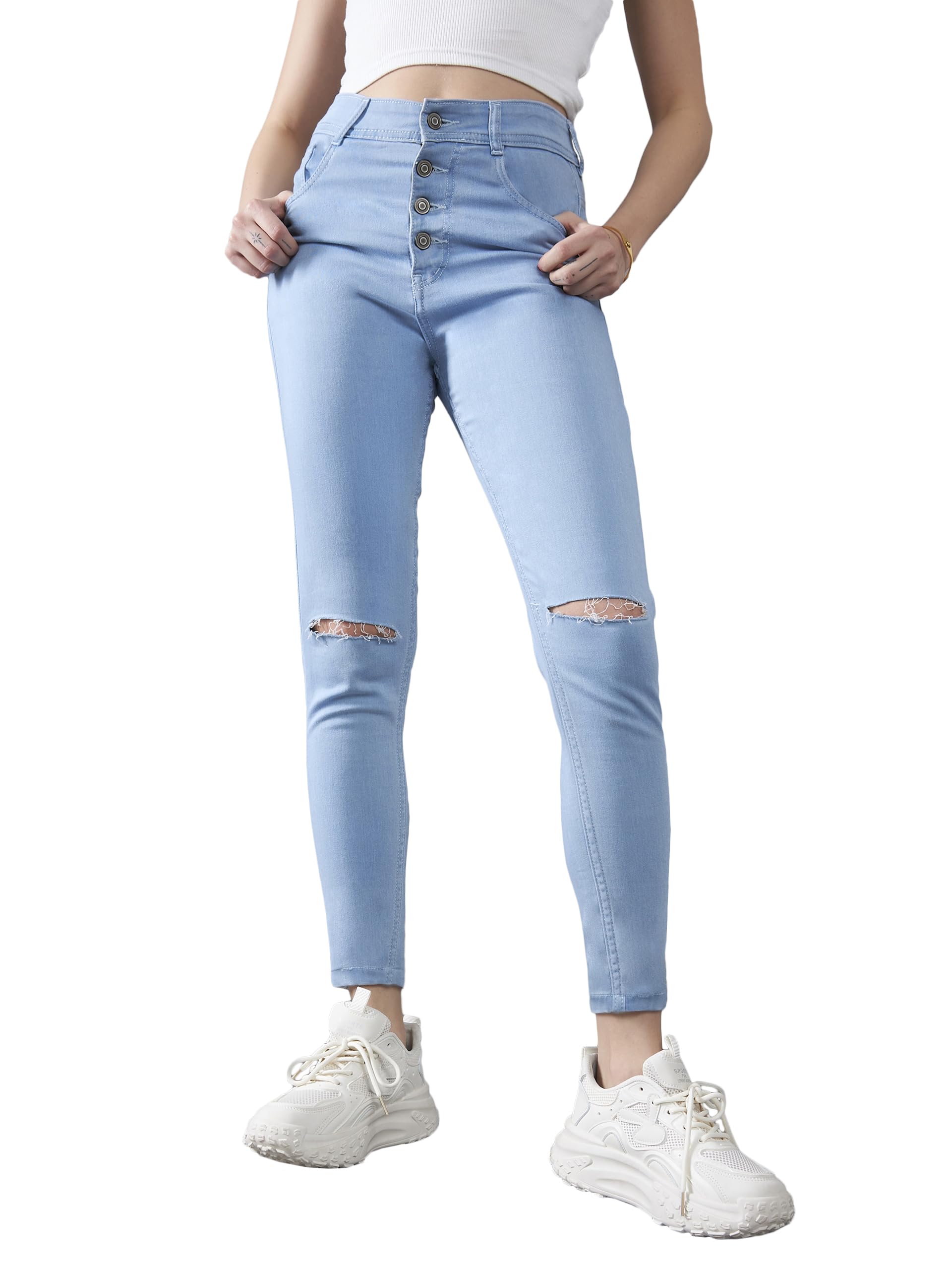 Dolce Crudo Womens Skinny High Rise Distressed Regular Denim Jeans (DOSS23DEN99-66-158-28, Light Blue, 28)