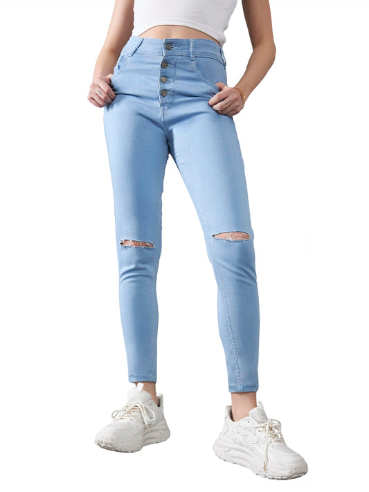 Dolce Crudo Womens Skinny High Rise Distressed Regular Denim Jeans (DOSS23DEN99-66-158-28, Light Blue, 28)