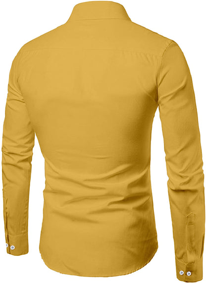 Mildin MenS Regular Cotton Blend Yellow Slim Fit Solid Button Down Spread Collar Full Sleeve Curved Hemline Formal Shirt With O