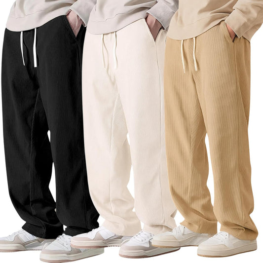 Preneum Men Mid Rise Poly Cotton Loose Fit Trouser || Korean Style Travel & Lounge Wear with Pockets||Black & Off White & Beige|