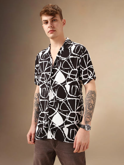 Dennis Lingo Men Black Rayon Half Sleeve Cuban Collar Printed Shirts_Dlmshsp24003