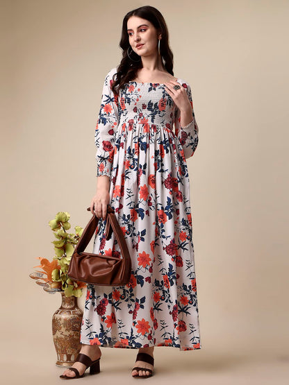 Sheetal Associates WomenS Floral Printed Crepe Full Length Dress White