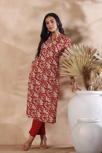 anubhutee Women's Brick Red Floral Print Pure Cotton Straight Kurta with Trousers