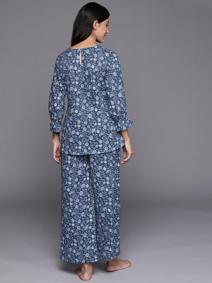 Libas Womens Printed Cotton Blend Night Suit Set For Women Blue