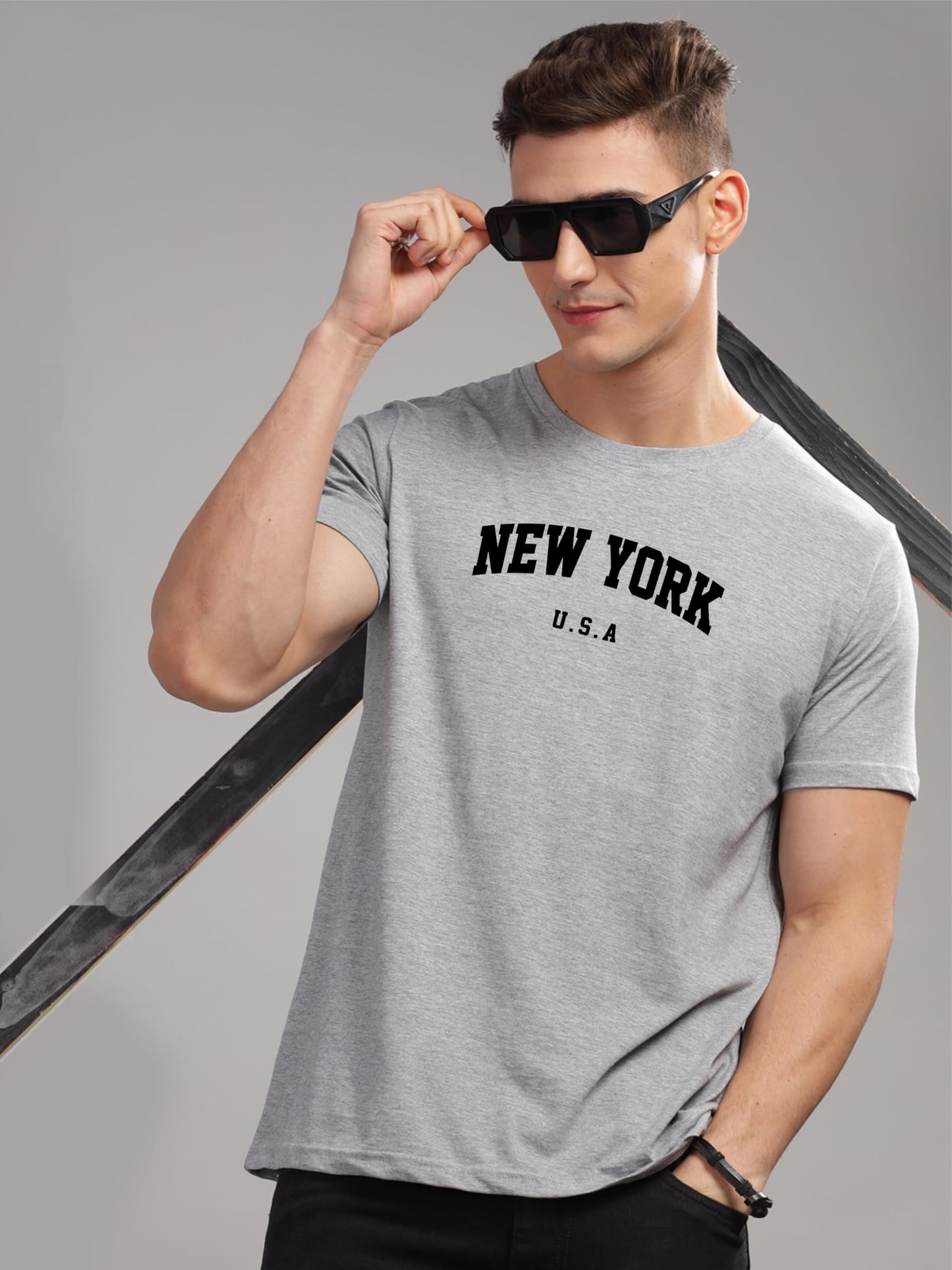 ADRO Mens New York Printed Tshirt for Men - Premium Cotton T Shirt for Men - Urban Stylish T-Shirt in Regular Fit Grey T-Shirt