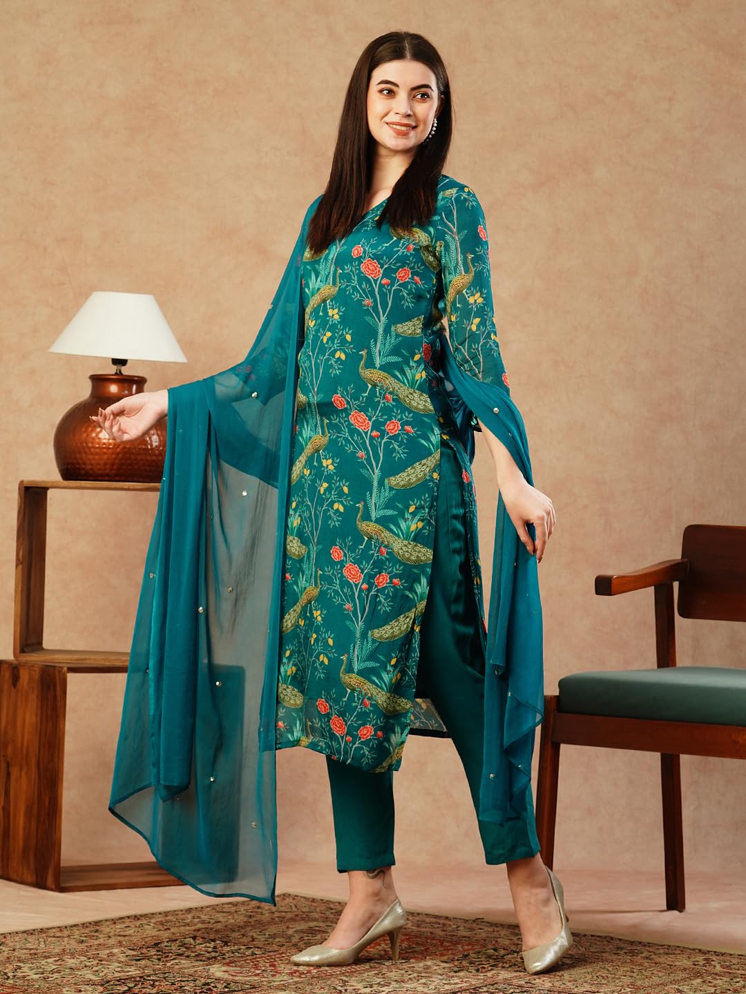 Gosriki WomenS Cotton Blend Straight Printed Kurta With Pant & Dupatta (Geto Rama-Nw-Gs_M_Green_Medium)