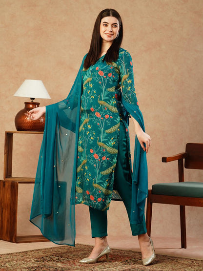 Gosriki WomenS Cotton Blend Straight Printed Kurta With Pant & Dupatta (Geto Rama-Nw-Gs_M_Green_Medium)