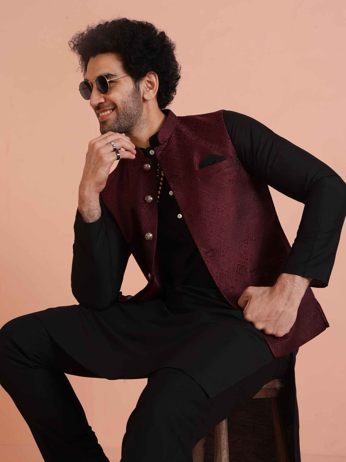 Kisah MenS Nehru Jacket Ethnic Festive Maroon Waistcoat Cotton, Regular Fit